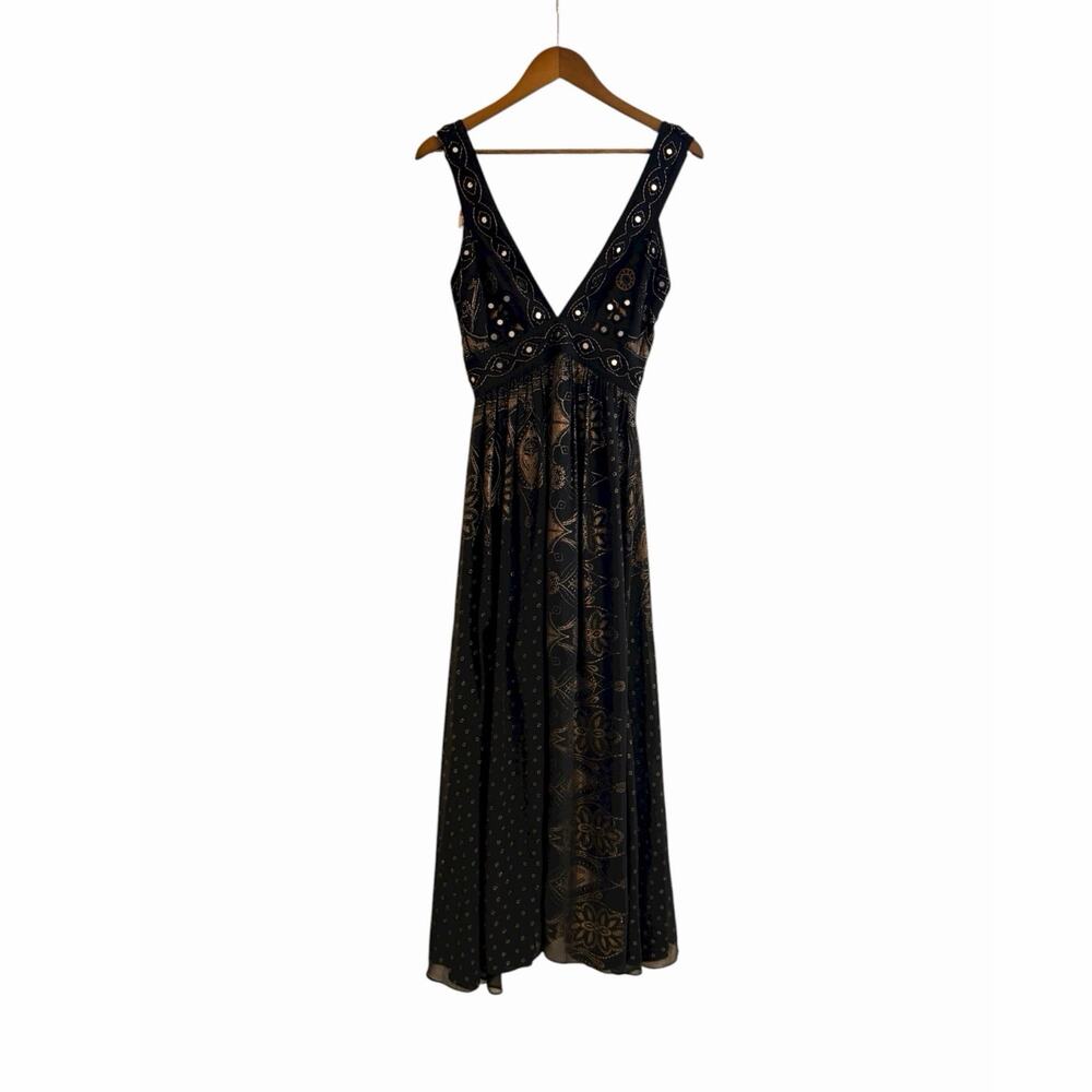 Free People Candela Embellished Mirror Maxi Dress Boho Festival Black Gold Sz 2 - Picture 3 of 11